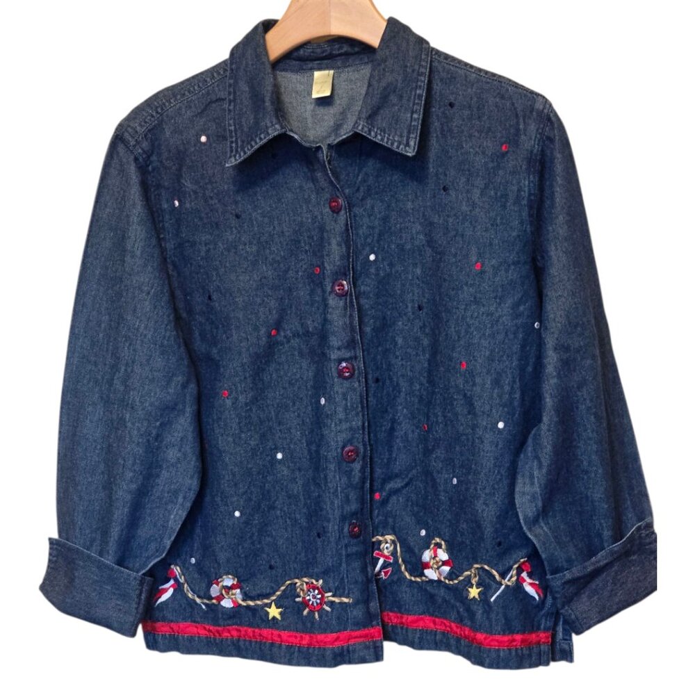 Women's PASSPORTS Denim 3/4 Sleeve Embroidered Shirt sz L